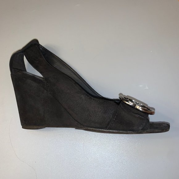 Chanel Black Suede Peep-Toe Wedge Heels - Picture 9 of 13